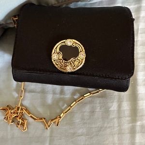 Silk evening bag with long gold chain